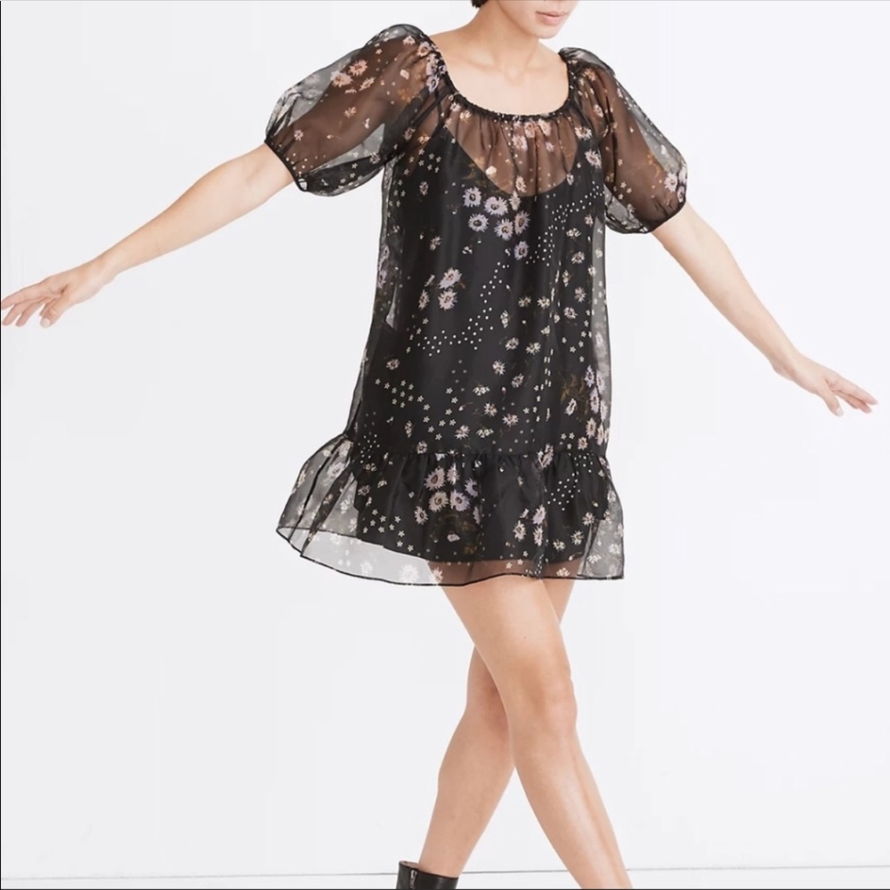 Madewell Silk Organza Puff Sleeve Ruffle Hem Dress